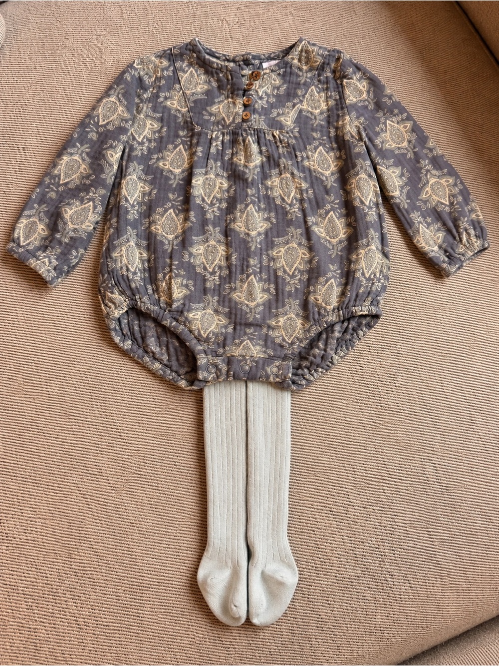 Girls' Floral Print Long-Sleeve One-Piece in Gray and Cream